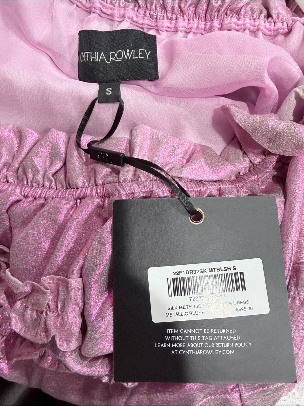NWT Cynthia Rowley 100% Silk Metallic Blush Ruffle Dress Size Small - Picture 12 of 15